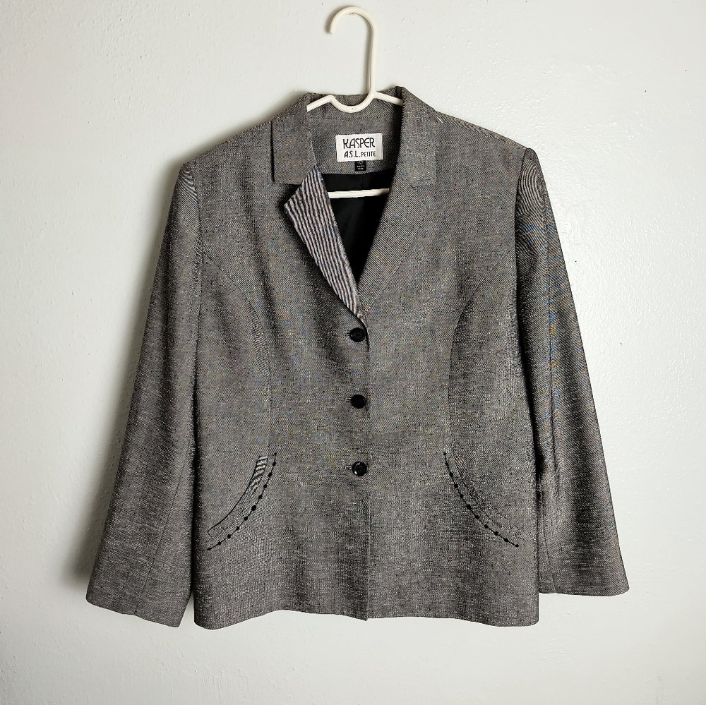 Kasper Gray Blazer 14 Petite Folded Notched Lapel Tree-Button Slit Pocket Stitch